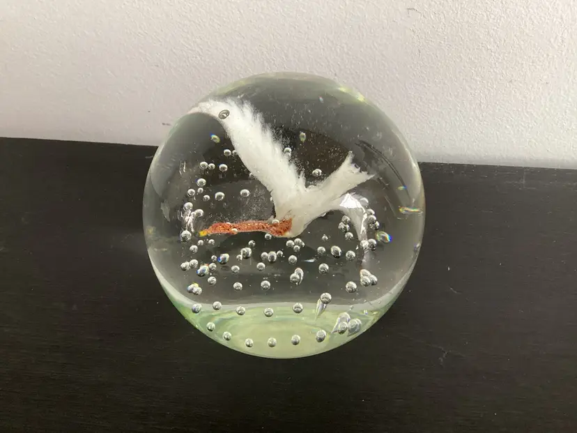 3414-Clear Art Class Paperweight With Bullicante And A Flying Goose, Approx 3x3”