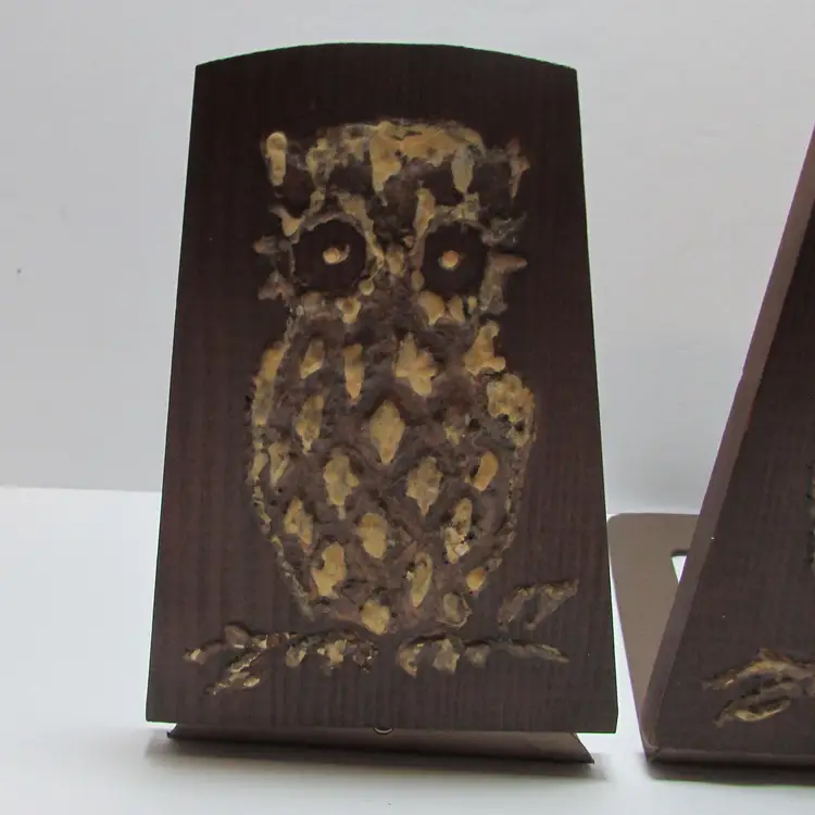 vintage metal and wood owl bookends set of 2 MCM decor