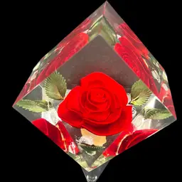 A vintage Diamond Shaped Bircraft lucite paperweight with an embedded Realistic red rose. 2.5” No Chips Or Cracks. Glowy…Red Rose For Valentines Day