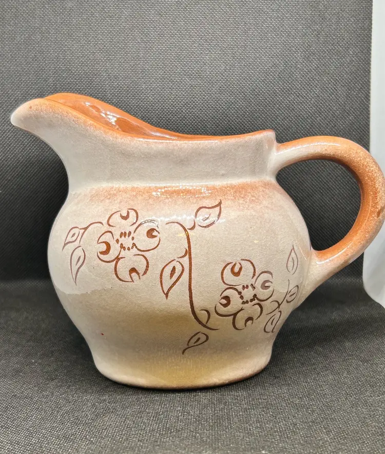 Sheffield MA Pottery Dogwood Redware Pitcher Creamer Gravy Apple Blossom Design