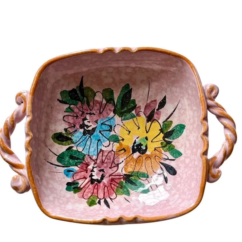 Trinket Dish/ Small Bowl Mottled Pink with Pink Blue Yellow Flowers Two Handles Vintage 7" x 5.5βx 2" H