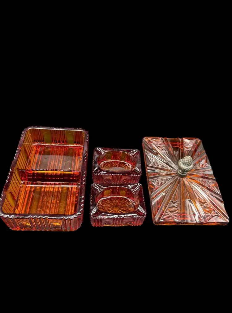 Vintage Fostoria Amber Glass Acorn Finial Cigarette Box Ashtray 4pc Set MCM Read