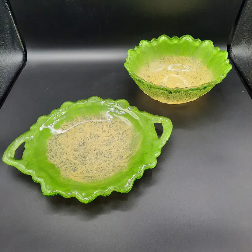 Handpainted Green & Yellow Textured Glass Bowl & Handled Plate Tray