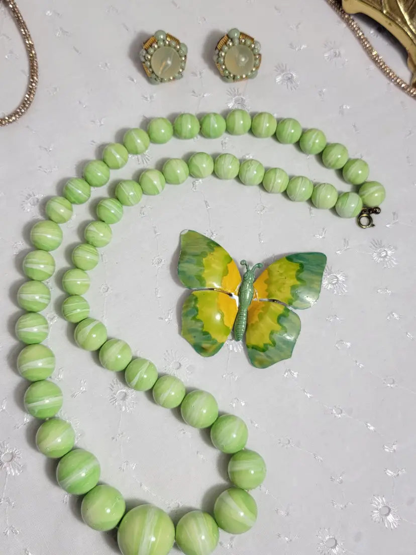 Gorgeous Made in Germany butterfly enamel brooch with strand of chartreuse green necklace and earrings set