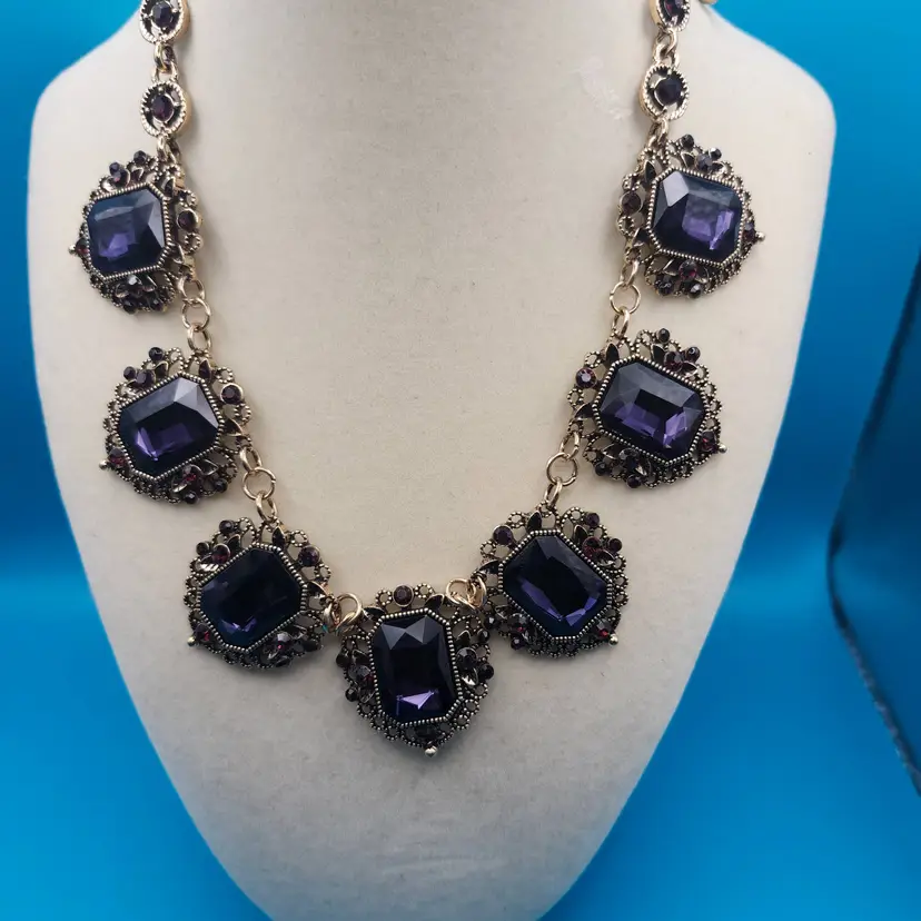 Gold and Purple Victorian-Inspired Necklace and Earrings.