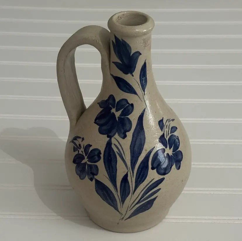 Williamsburg Vintage Salt-Glazed Pottery Jug 8.5” With Blue Floral