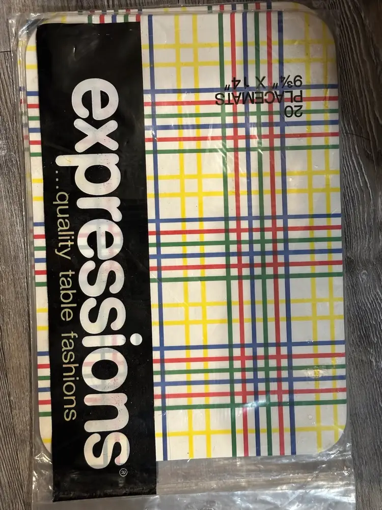Vintage 80s Expressions Tattersall Placemats Primary Colors Plaid Hoffmaster Oshkosh NOS