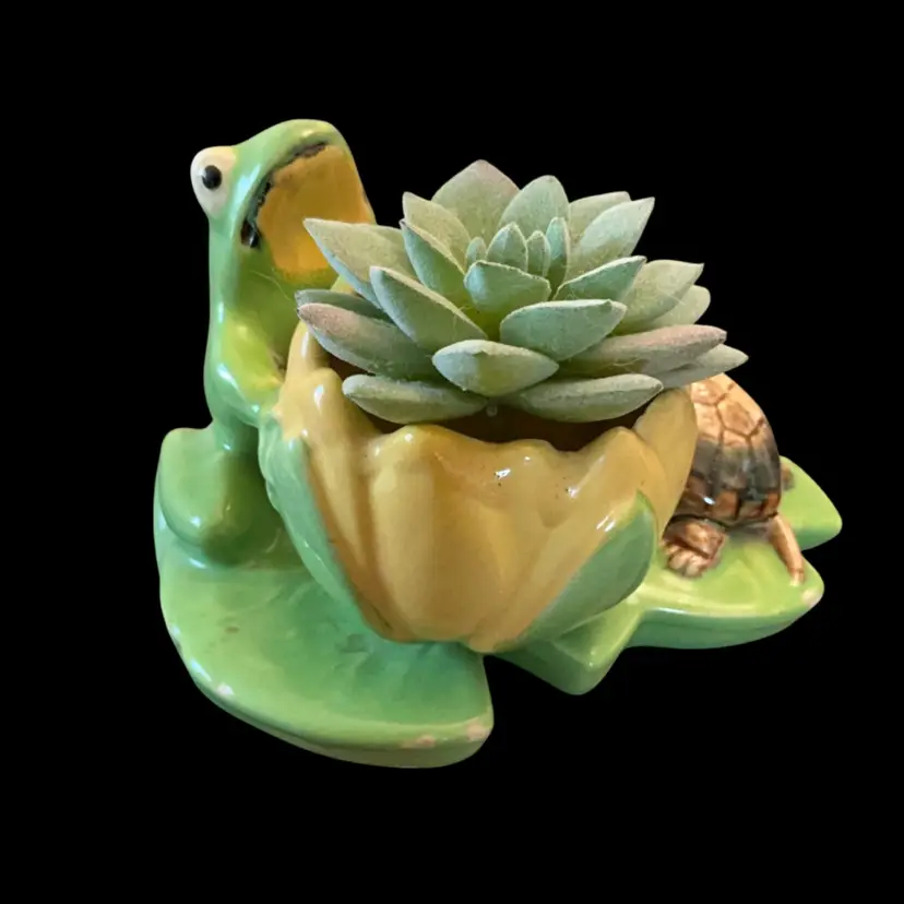 Vintage Made In Japan Ceramic Frog And Turtle Planter 4” x 7” x 6”