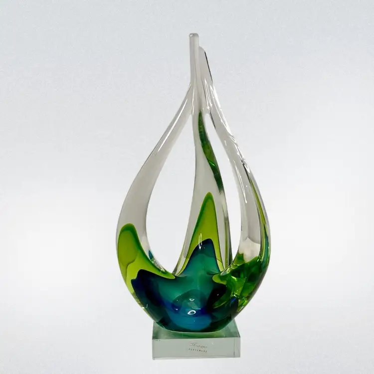 Abstract Art Glass Sculpture 10 5/8” Green Blue Clear 
 READ