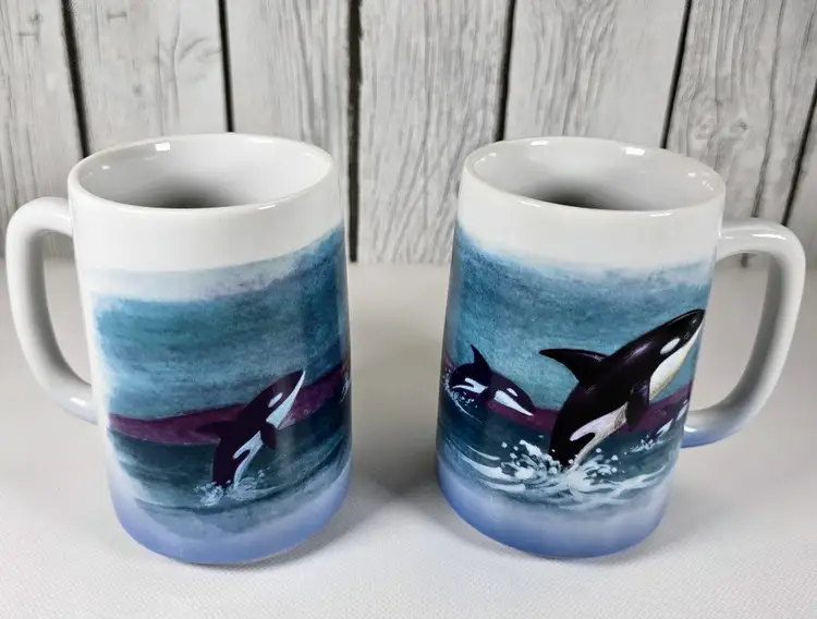 Vintage Otagiri Japan Killer Whale Hand Painted Ceramic Coffee Mug Set of 2