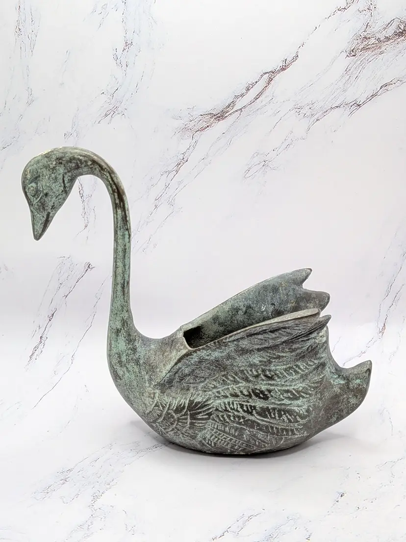 brass swan planter shelf decor bent neck heavy patina natural oxidization