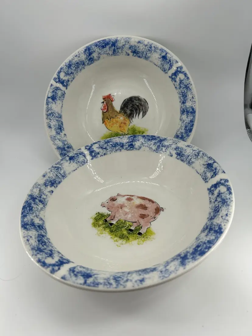 Tabletops Unlimited Country barn ceramic bowl, pair pig and rooster