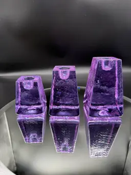 Three Lavender Taper Candleholders By Fire And Light, The Complete Set, Breathtaking Alexandrite Changing Color Set.