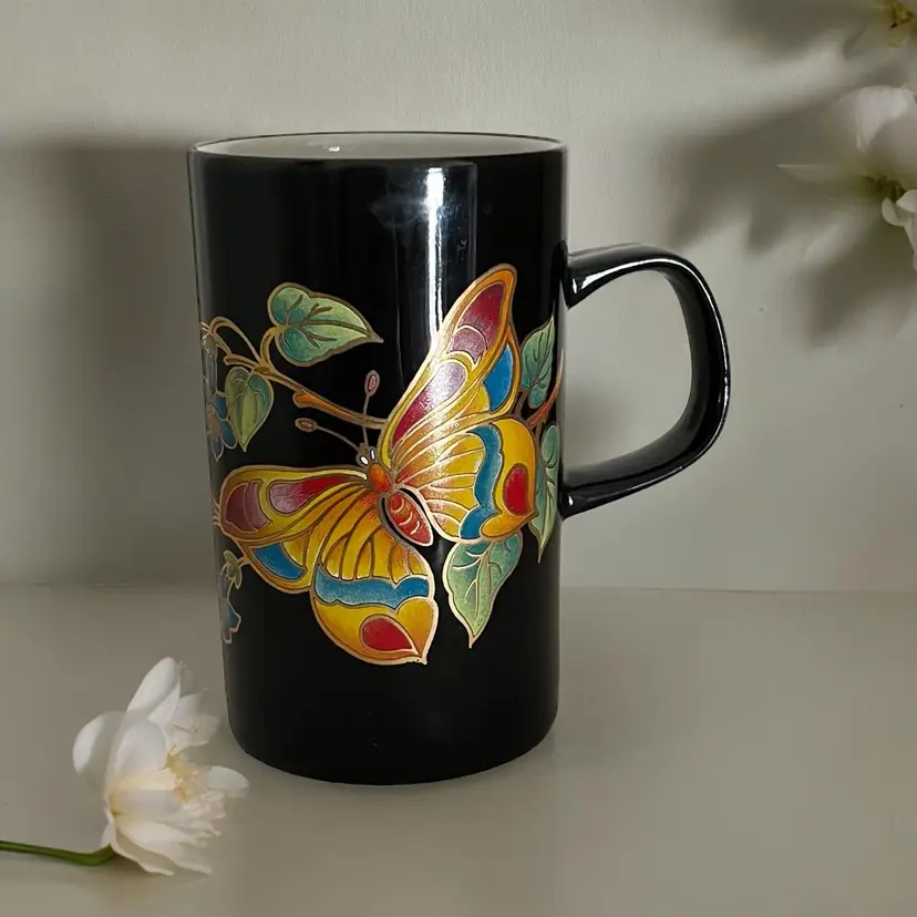 Vtg Butterfly Flower Mug. Pattern- Hawaii. Designed for Dunoon. Stoneware Coffee Cup Made in Scotland. 1980's Colorful Tropical