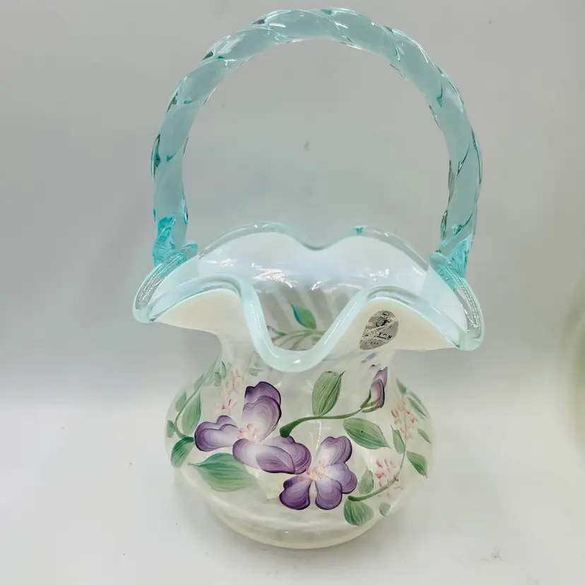 Fenton French Opalescent twist Glass Basket Hand Painted Aqua Crest LOW START