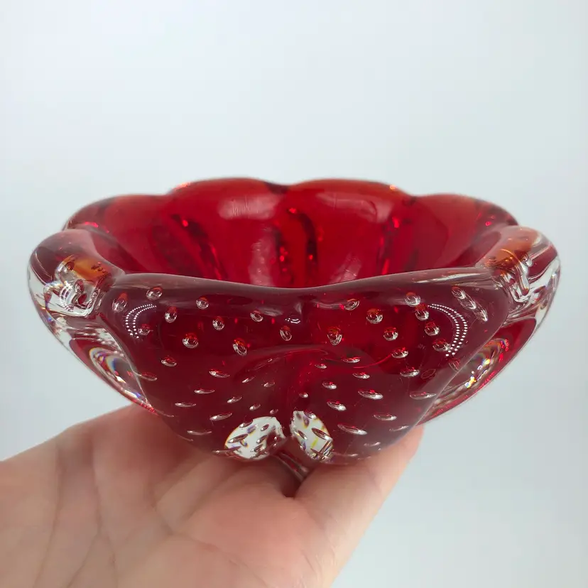 Vintage Murano Bullicante Controlled Bubbles Hand-Blown Red Glass Ashtray