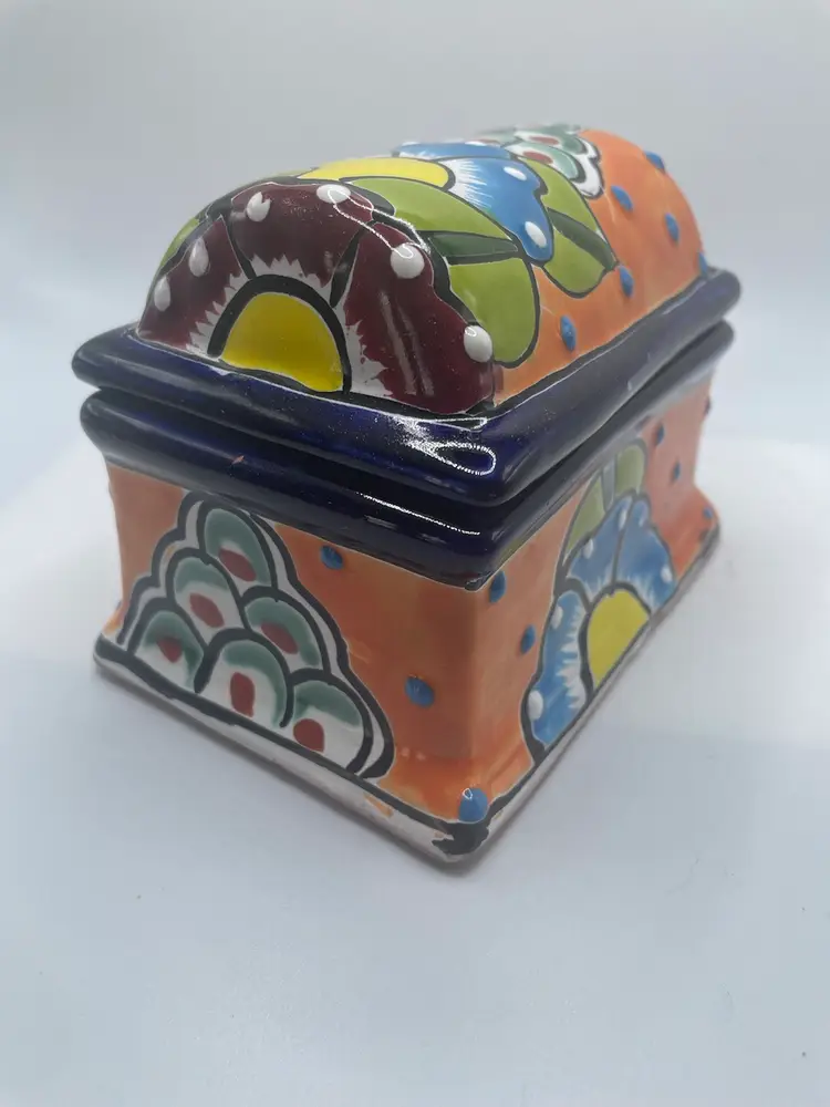 Mexican Pottery Treasure Chest Trinket Box With Lid.