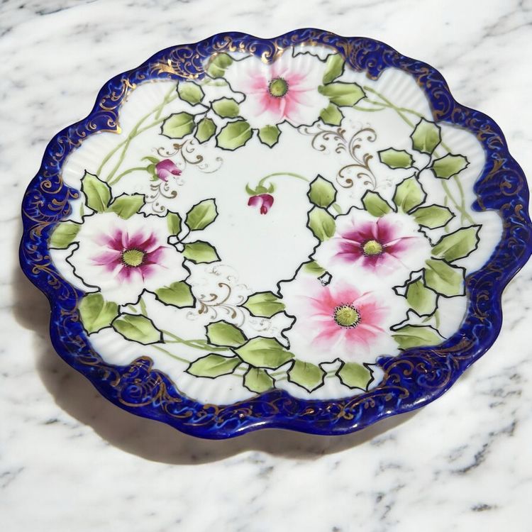 Antique? Nippon 10" Cobalt Blue Pink Flowers Hand Painted 1920s Plate
