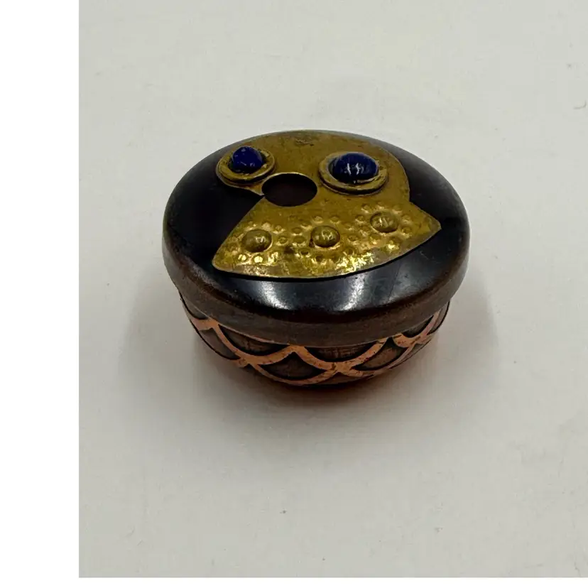 Chilean Abstract Owl Pill Box Trinket Box With Lapis Lazuli Bezel Brass And Copper
