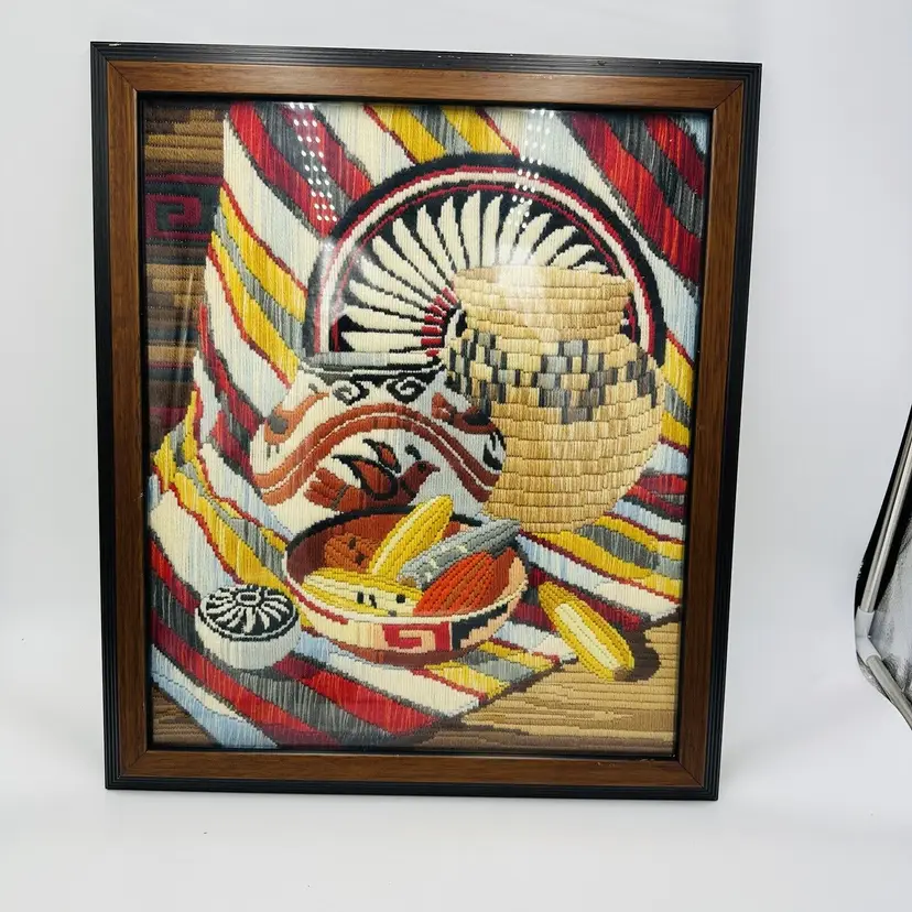 Rare Reinardy Native American Long-Stitch Needlepoint Basket Wall Art Framed 