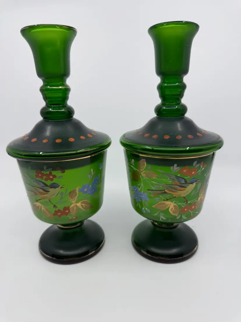 Pair Of  Vintage Green Hand Painted Bird&floral Candleholder W Lidded Jar Bottom Bohemian Glass