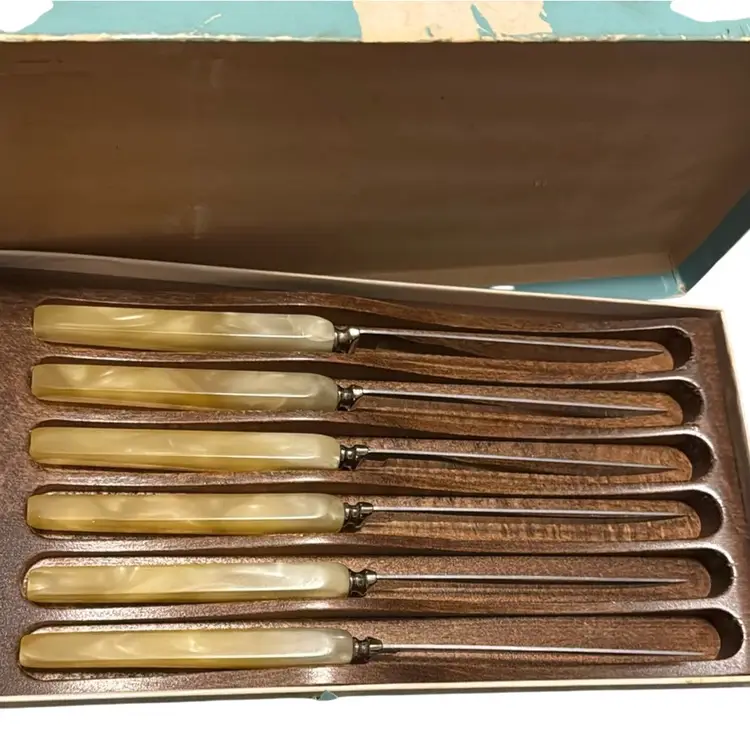 Forge Craft Steak Knives 6pc Lucite Swirl Handles w/Rack Vintage