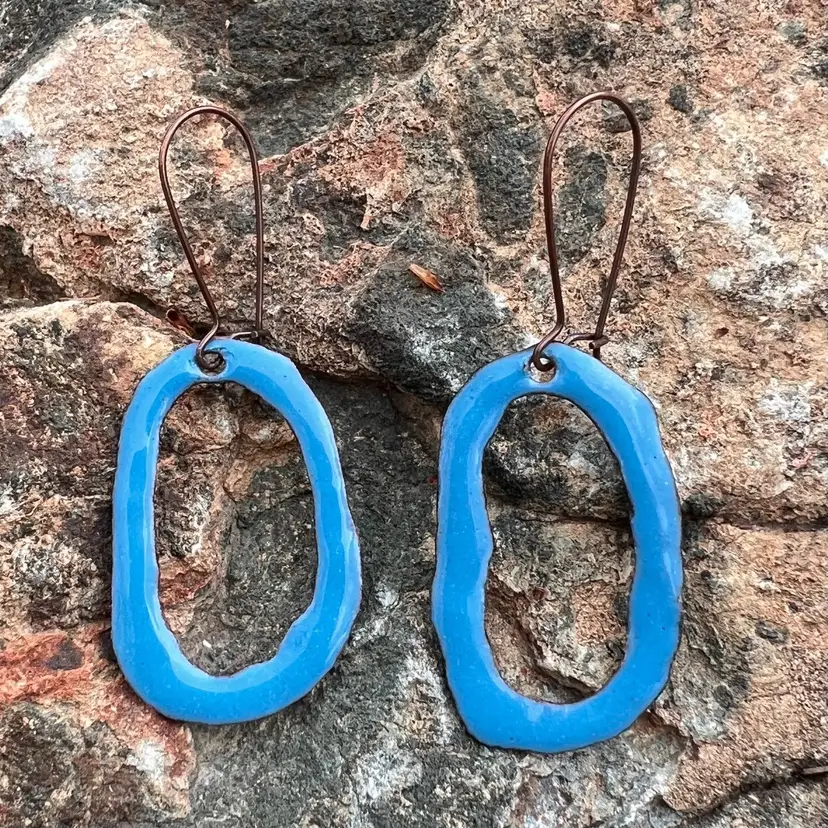 Handmade Blue Enameled Organic Shaped Copper Earrings