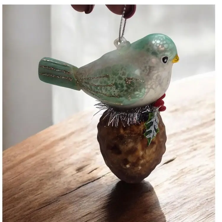 Bird on Pinecone Glass Ornament Christmas Glitter Holly Leaves Holiday