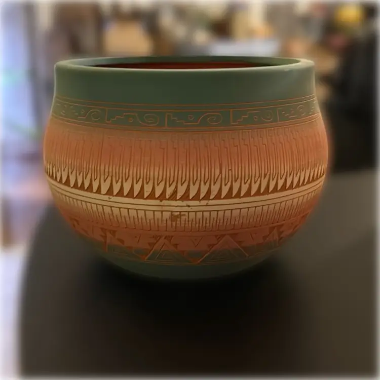 Hand-Signed Navajo Native American Pottery Bowl with Bear Design - 5.5” tall and 7” in diameter