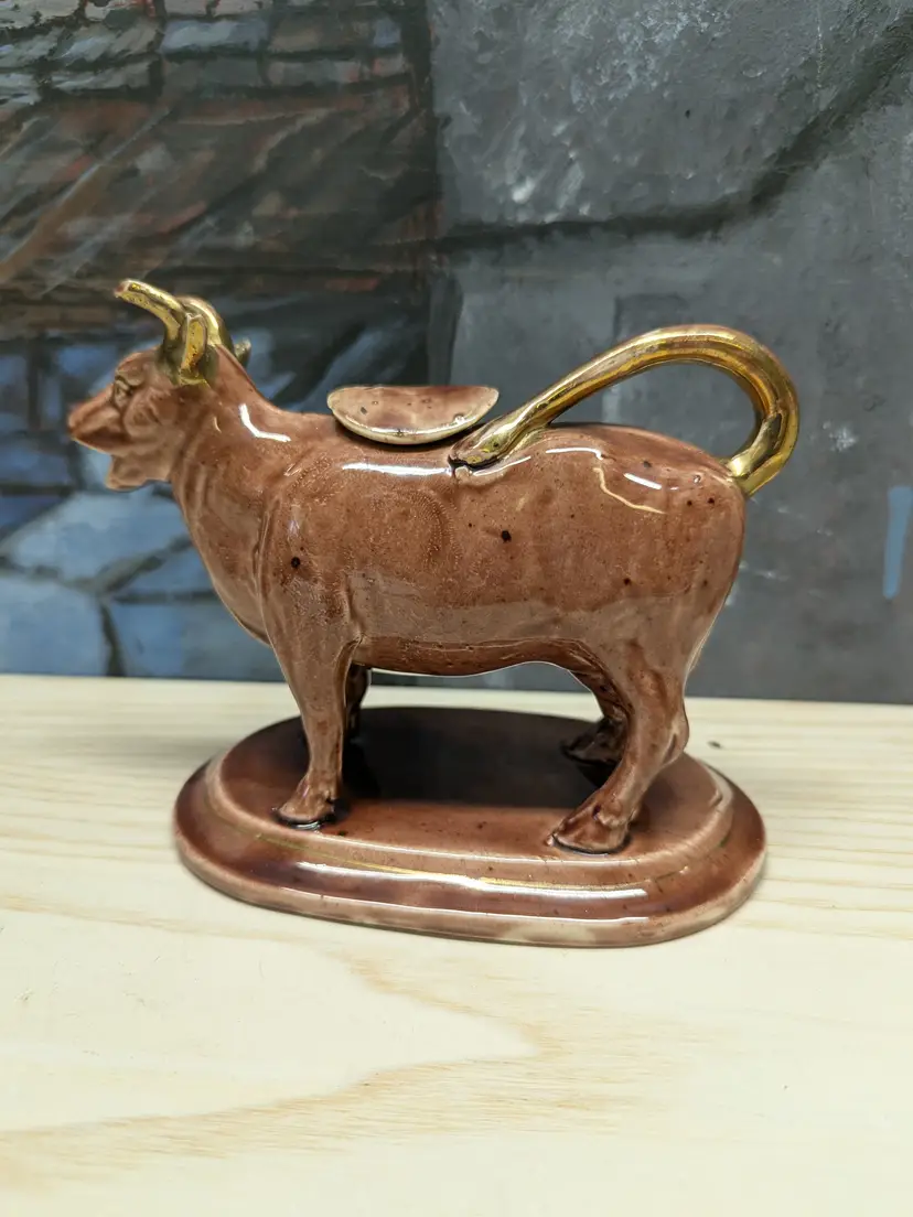 Antique All Brown Staffordshire Cow Creamer with Lid Gold Accents Kitchen Decor Country Farmhouse Vintage
