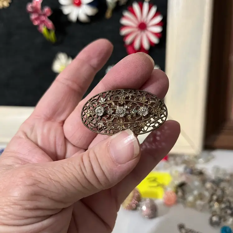 Antique Filigree Paste Rhinestone Brooch – C Clasp Oval Pin
