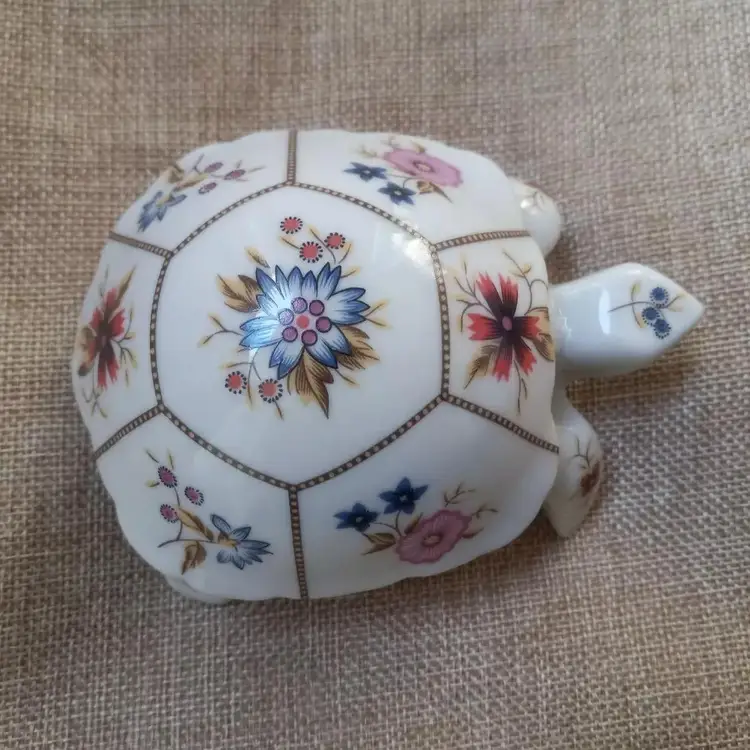 Vintage Porcelain Turtle Trinket Box with Flowers