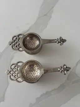 Vintage tea strainer silver plate ornate India With Patina Set Of 2