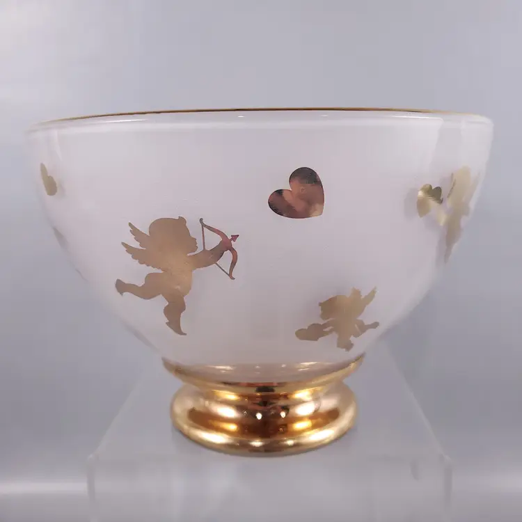 Vintage TELEFLORA Gold Cupid Heart Valentine Frosted Glass Candy DISH BOWL