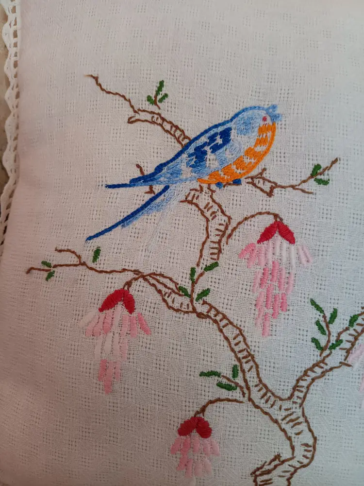 Lovely Bed Throw Pillow Made From Hand-Embriodered Linen with Lace Trim