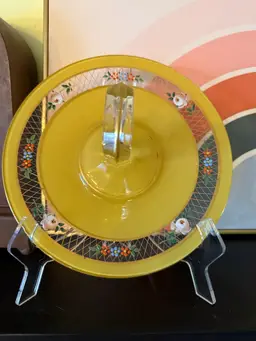 Vintage Yellow Depression Glass Tidbit Tray with Hand-Painted Enamel Florals, 1930s–40s