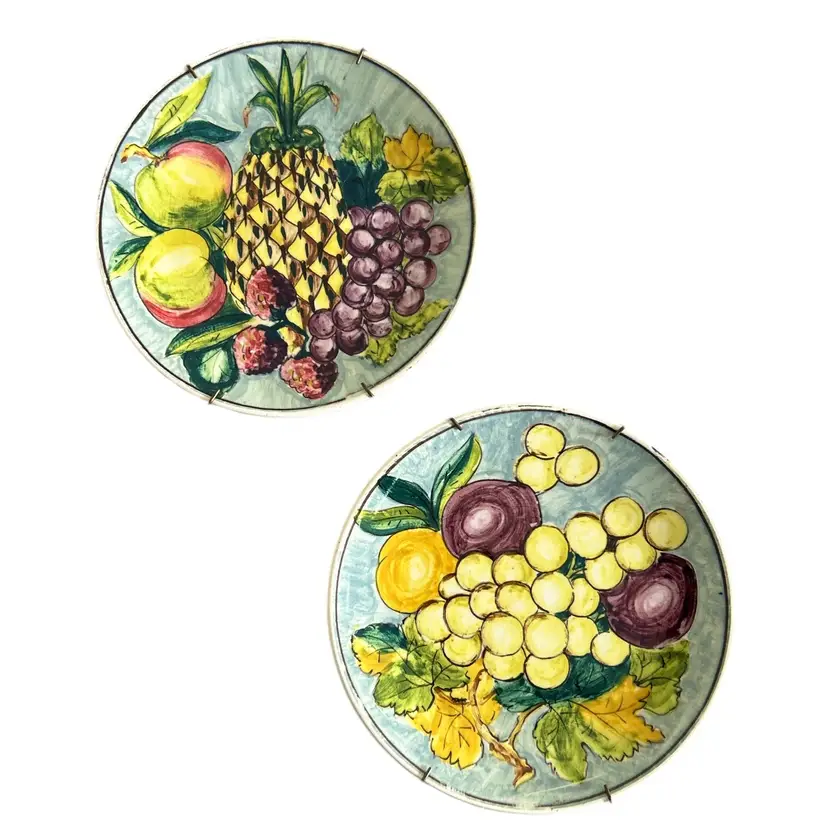 Pair of Hand Painted Ceramic Wall Plates Made in Spain Featuring Grapes and Pineapple