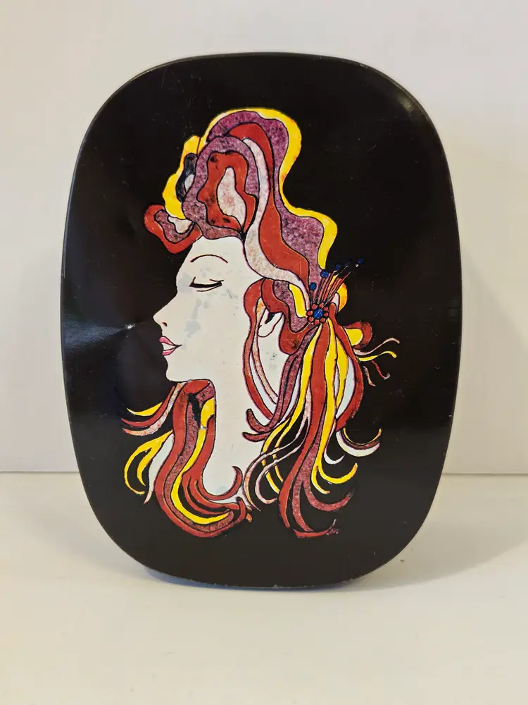 VintageWest Germany Decorative Tin with Art Nouveau Image Of A Stylized Woman in Reds and Yellow