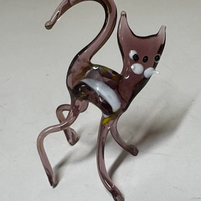 hand-blown glass cat figurine purple/with white and yellow 1970s or 1980s 3.5”