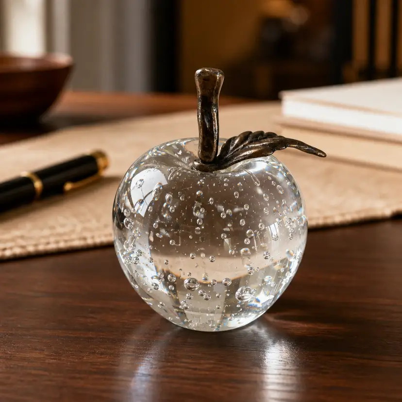 Vintage Art Glass Apple Paperweight, Brass Leaf & Stem and Controlled Bubbles, 3.5" Tall