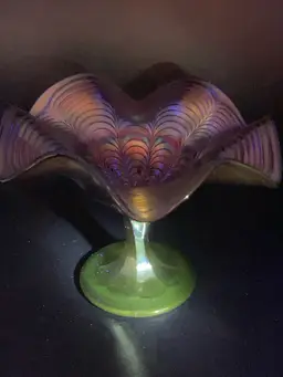 Vintage Fenton Peacock Tail Amethyst Carnival Glass Compote! UV Reactive! 6” Wide 4 1/2” Tall. No Condition Issues!