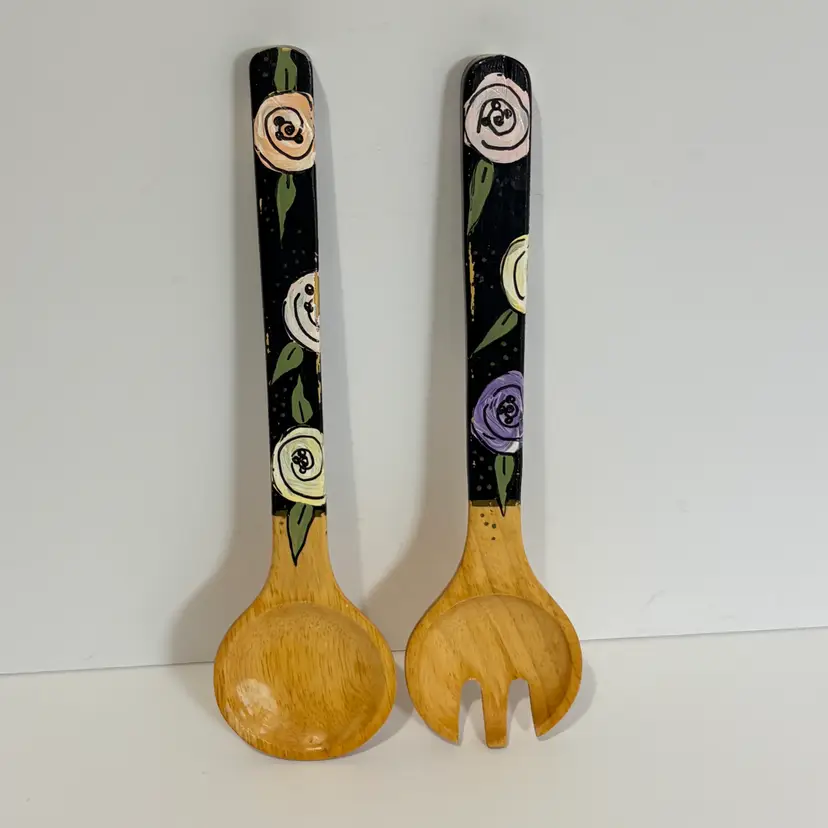 Hand-painted wooden salad servers - spoon and three prong fork. Folk art design pink, blue, purple floral over black background