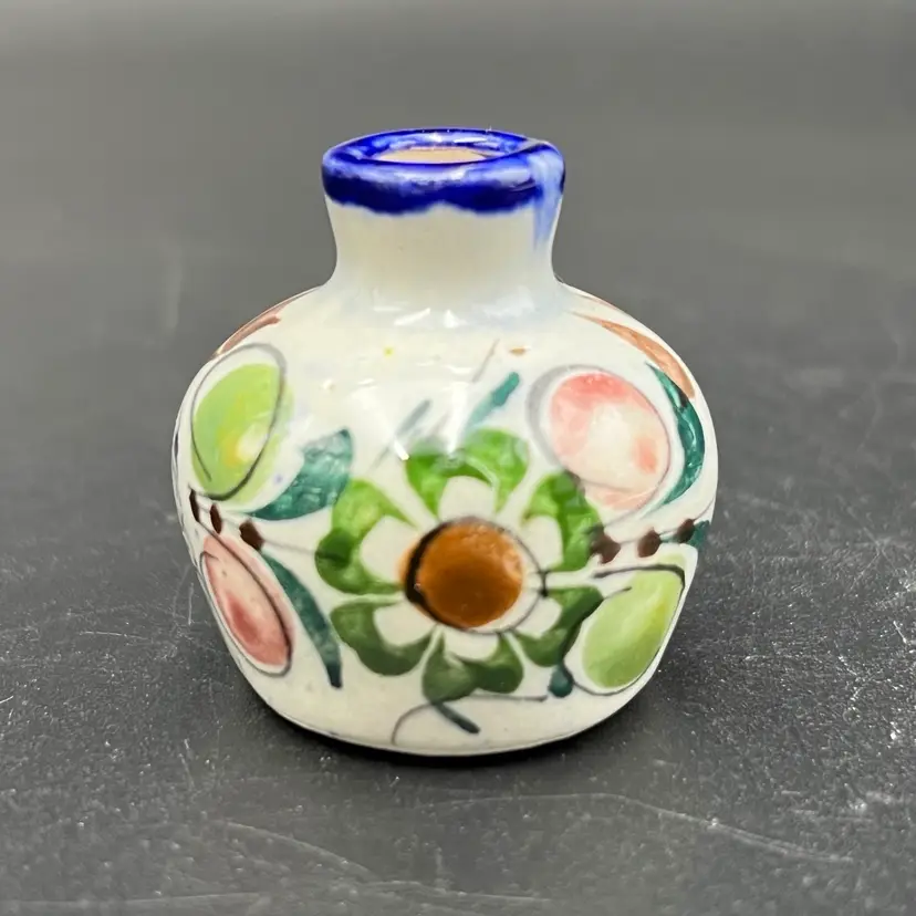 Tonala Mexican Folk Art Pottery Miniature Bud Vase Hand Painted Floral