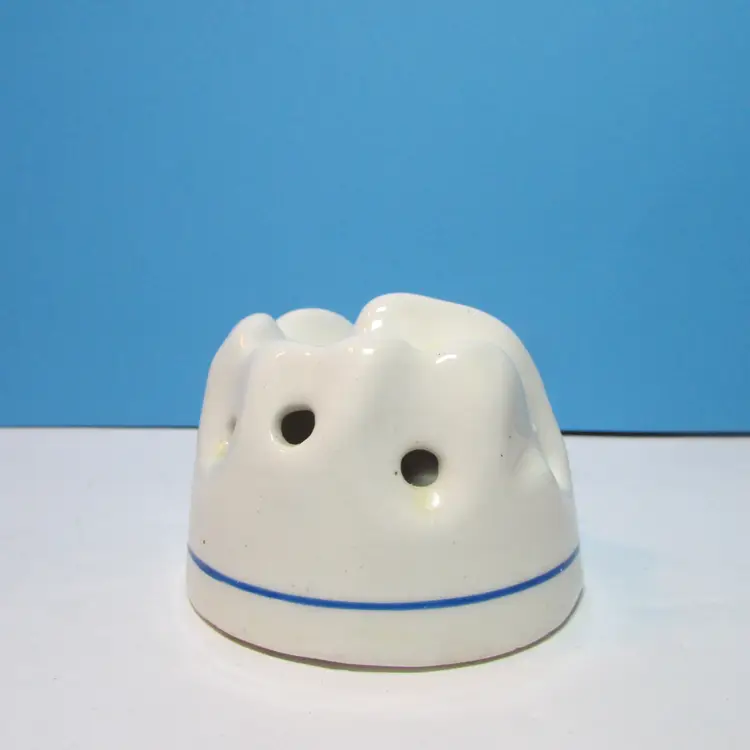 vintage Czechoslovakia ceramic flower frog white blue line iridescent holder