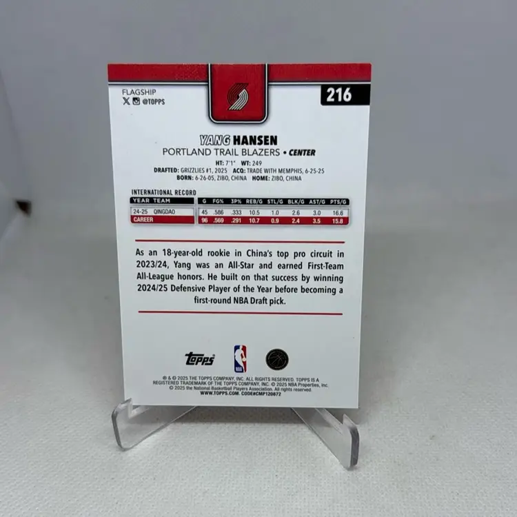 2025-26 Topps Yang Hansen RC Silver Net Foil Rookie #216 Trail Blazers Card