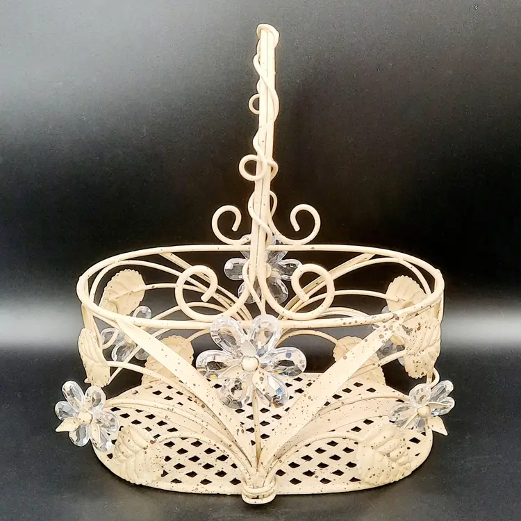 Vintage Metal Basket W/ Clear Acrylic Flowers Twisted Handle