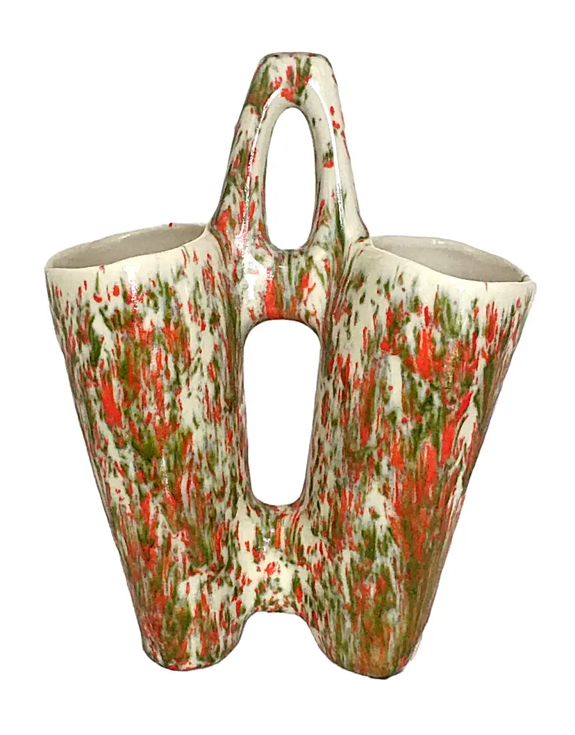 Vintage Double Pottery Splatter Glaze Vase Planter Green Orange 1989