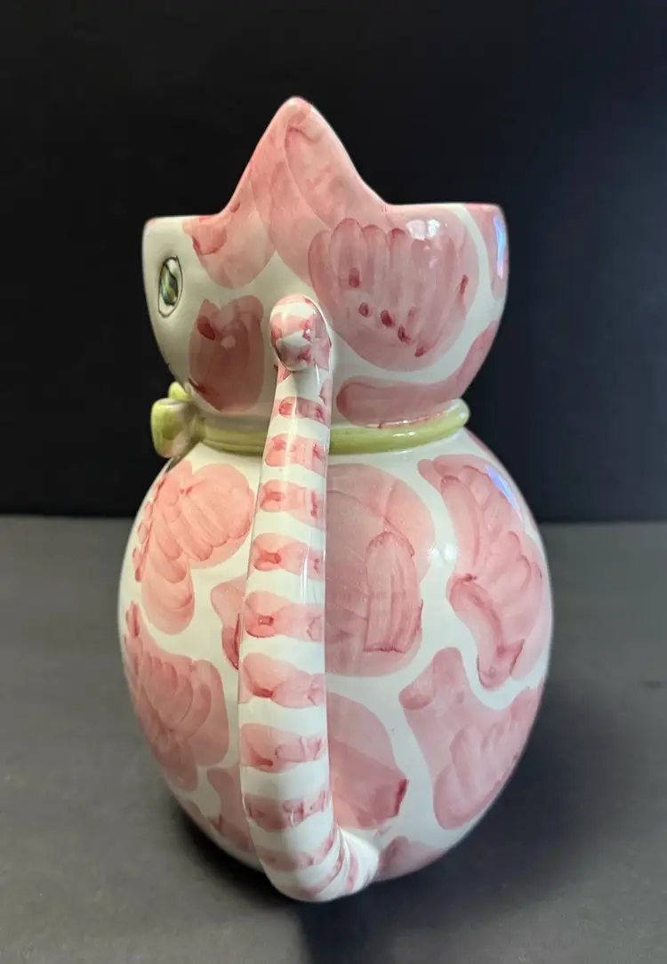 Vintage Italian Pottery Hand-Painted Pink Spotted Cat Pitcher Jug 8.5” H