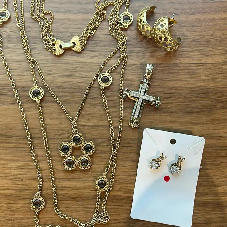 lot Of Four multi layered smoky topaz chain necklace 42 inches, one and a half inch hoop, earrings, cross, and earrings