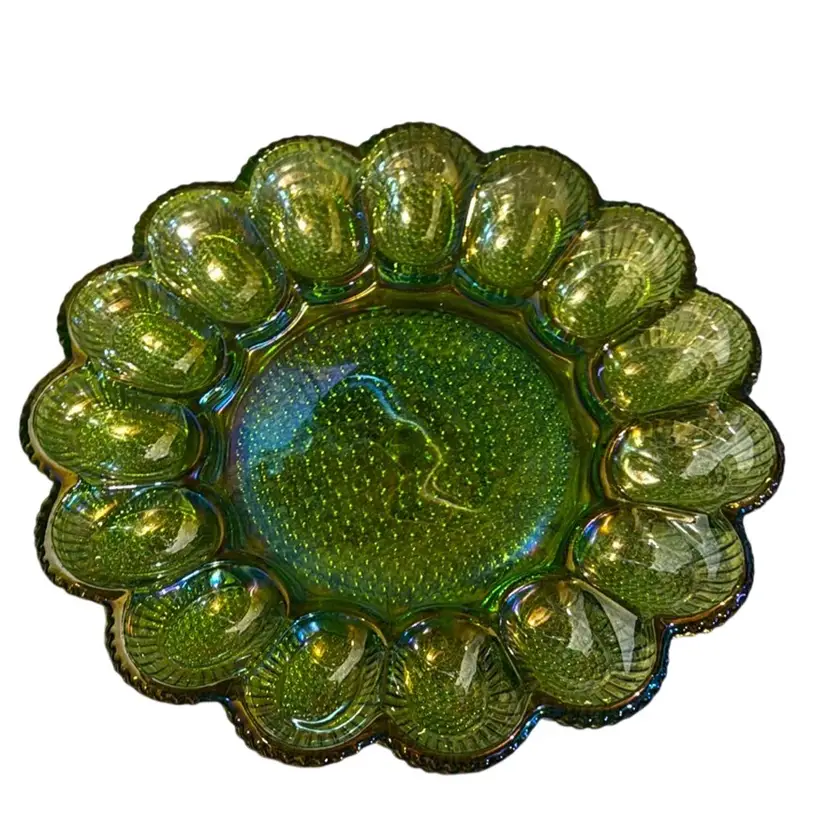 Vintage Indiana Glass Iridescent Sheen Egg Plate - Green With Purple Sheen - 11” Diameter